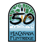 CIty's 50th anniversary commemorative logo, mosaic-style design noting 50 years above artwork of jet propulsion in front of mountains and above the city.