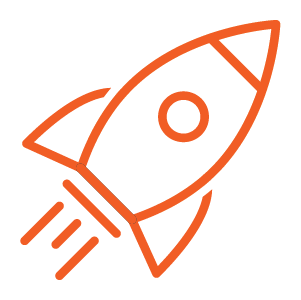 An orange line-art icon of a rocket ship launching upwards and to the right, with three lines depicting exhaust or forward motion to symbolize a mission.