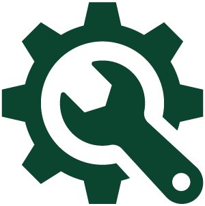A dark green icon showing a wrench angled inside the center of a gear or cog to symbolize service
