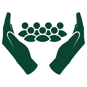 A dark green icon depicting two large open hands gently cradling a group of six stylized people to symbolize stewardship.