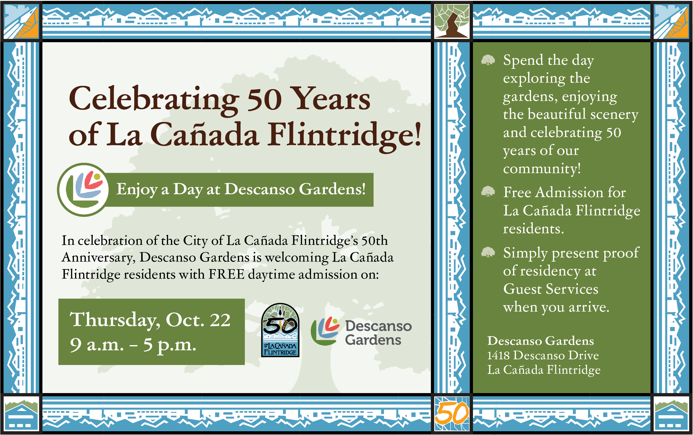 Event flyer for La Cañada Flintridge 50th Anniversary celebration at Descanso Gardens